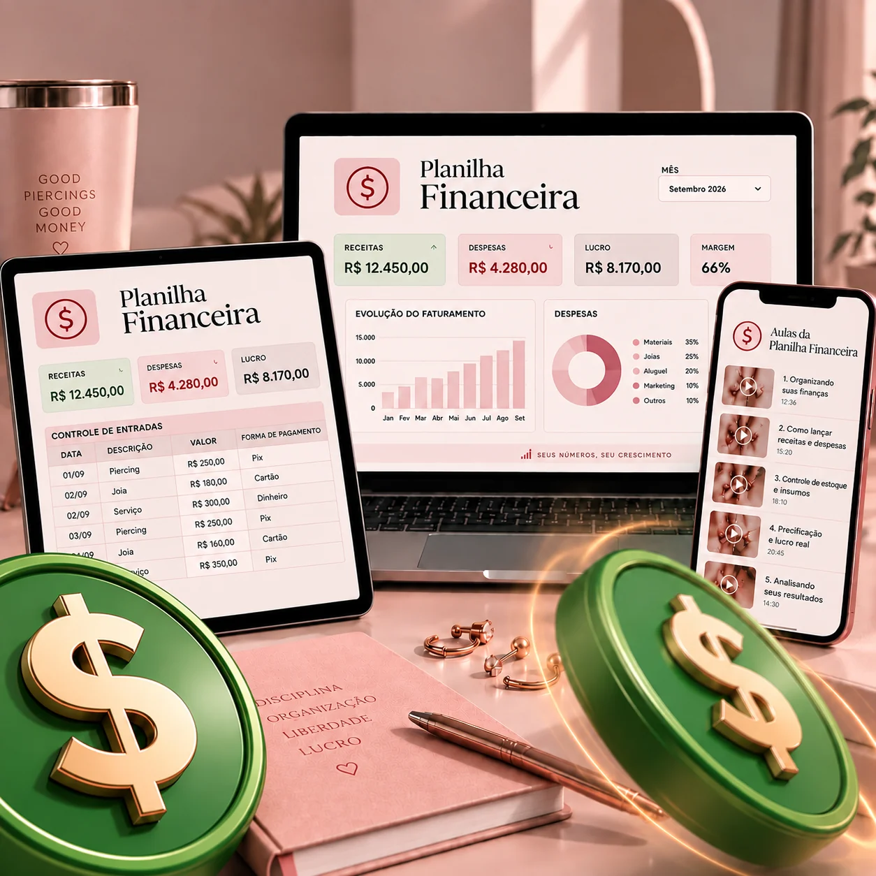 Planilha Financeira exibida em notebook, tablet e celular com moedas e aulas em vídeo